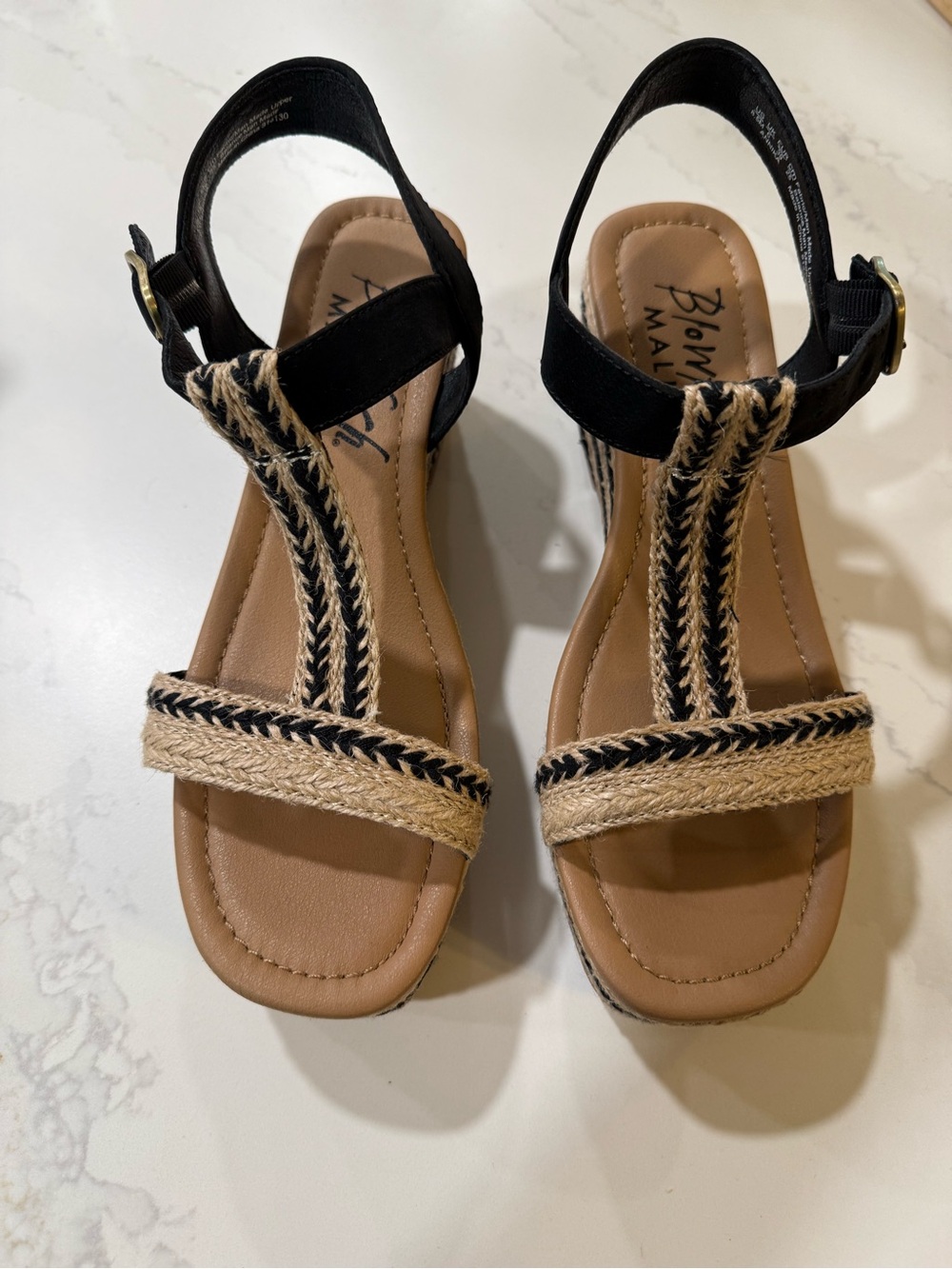 Blowfish Black and Tan Braided Espadrille T-Strap Sandals